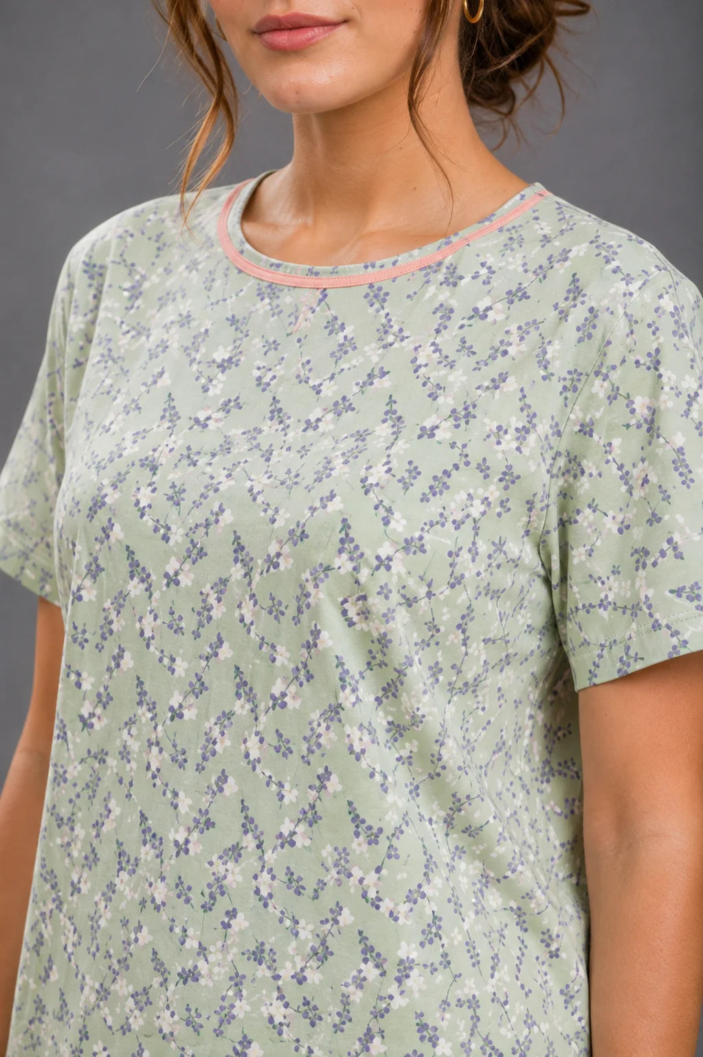 Women's Sage Green Floral Print Cotton Jersey Night Suit