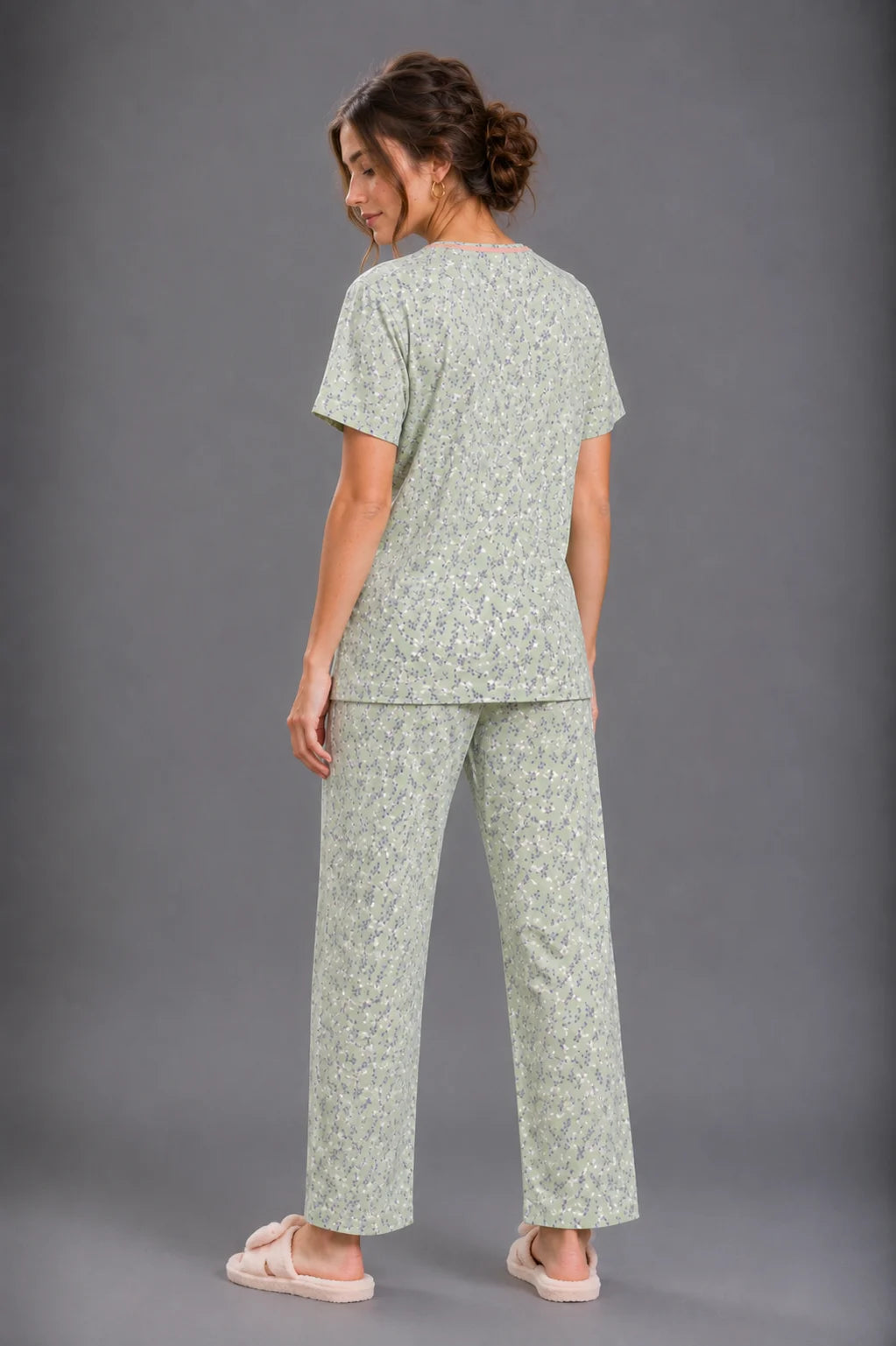 Women's Sage Green Floral Print Cotton Jersey Night Suit