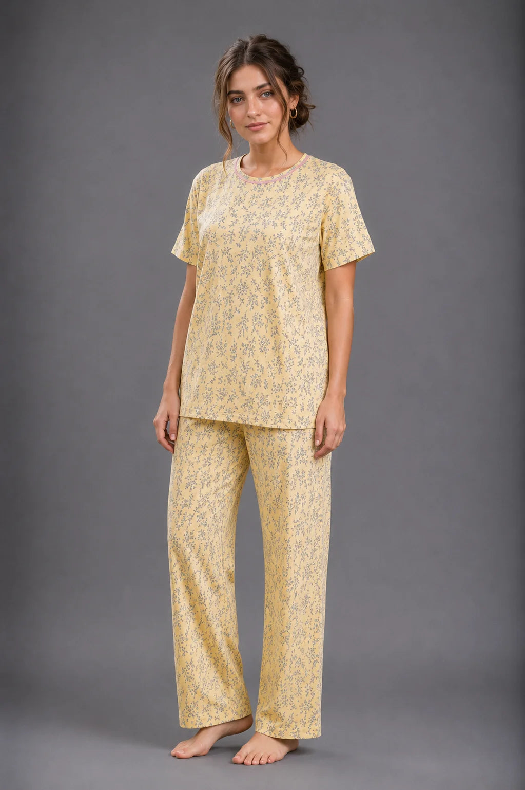 Women's Yellow Floral Print Cotton Jersey Night Suit