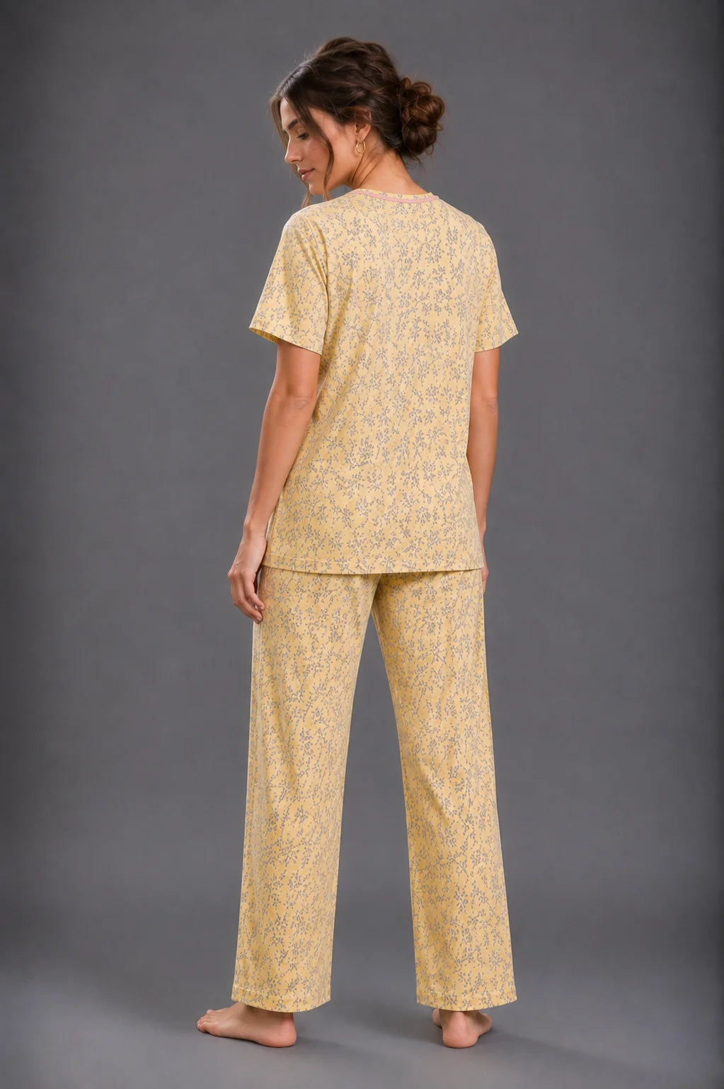 Women's Yellow Floral Print Cotton Jersey Night Suit