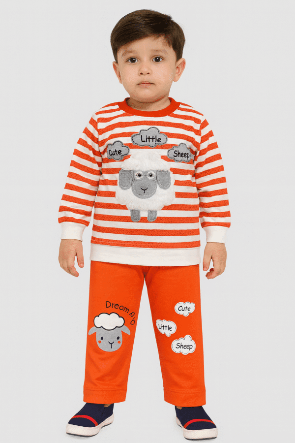 Kids “Cute Little Sheep” Terry Fabric Suit – Striped Sweatshirt & Pants Set